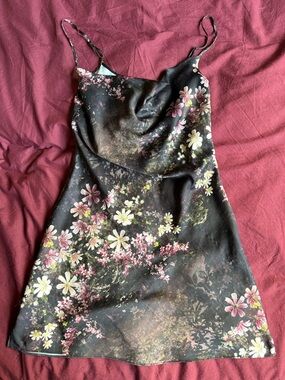 AllSaints Black Floral Slip Dress with Pink and Cream Blooms